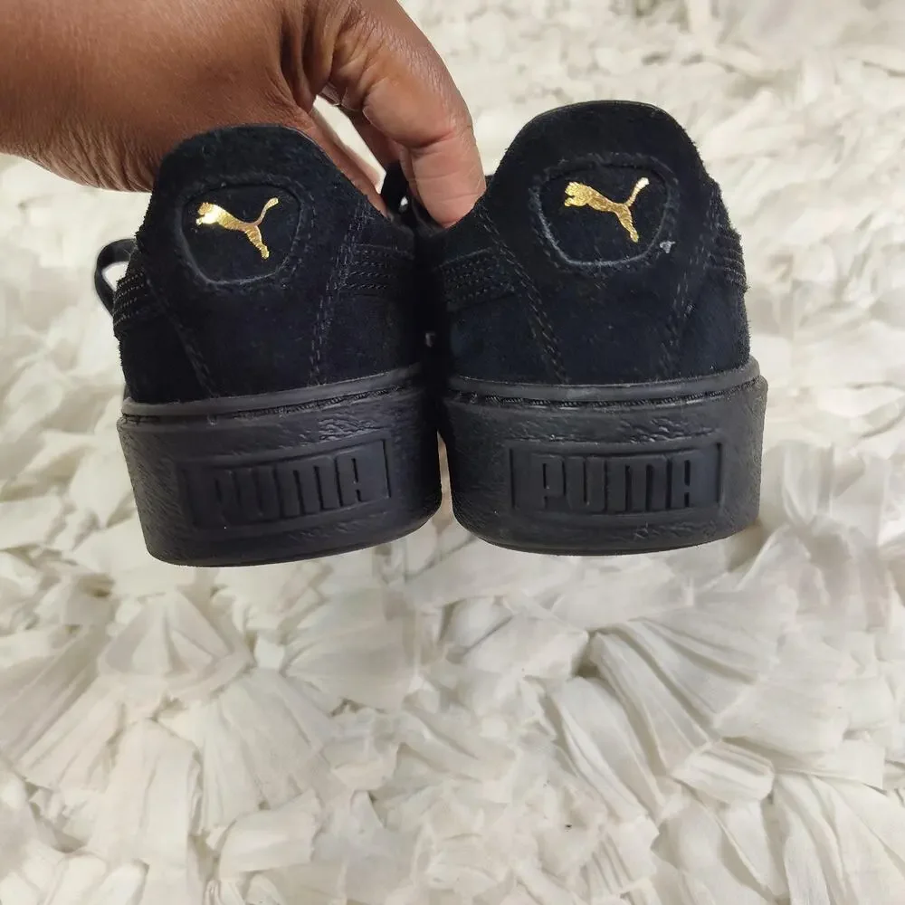 Puma Basket Low Top Shoes Womens Size 8.5 Black Suede Gold Metallic Toe Cap